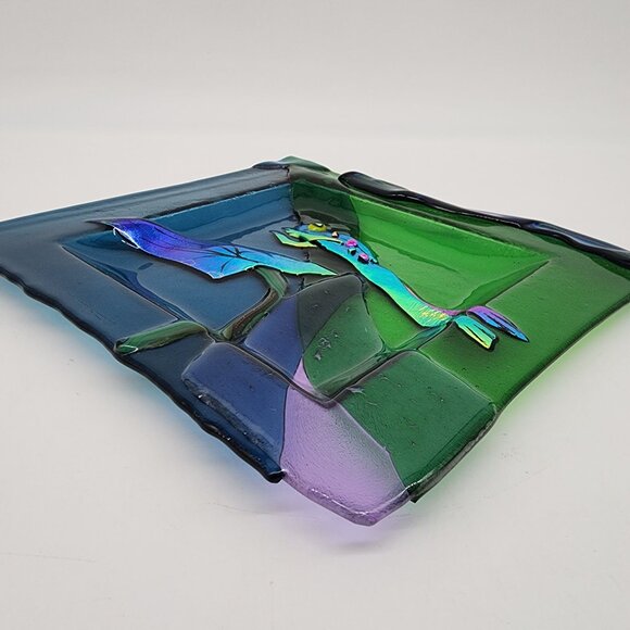 Handmade Fused Glass Plate Iridescent Colorful Frog Leaf Design Christine Moody - Picture 10 of 12